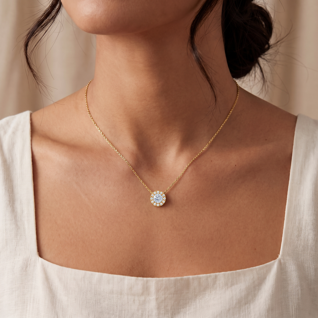 “Geneva” Moissanite 1ct Halo Solitaire Necklace