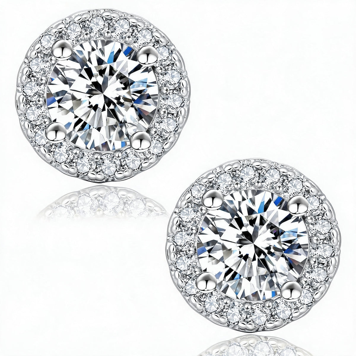 “Geneva” Moissanite 1ct Halo Solitaire Stud Earrings