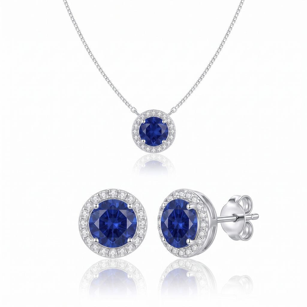 "Oslo" Sapphire Halo Pendant & Studs Set