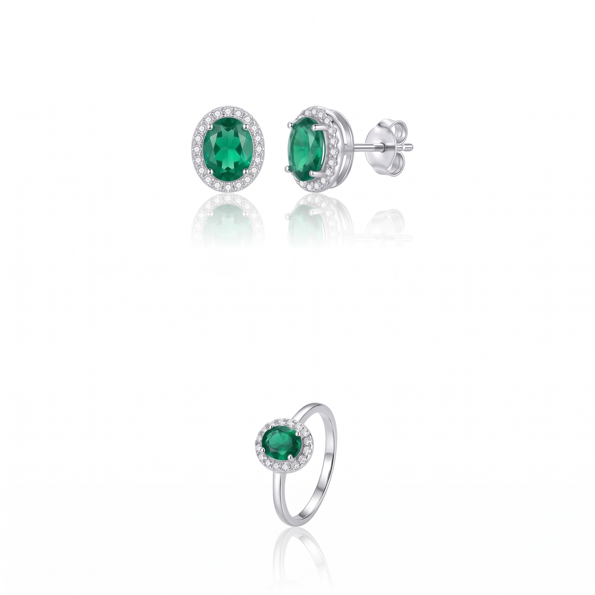 "Verona" Emerald Halo Studs & Ring Set