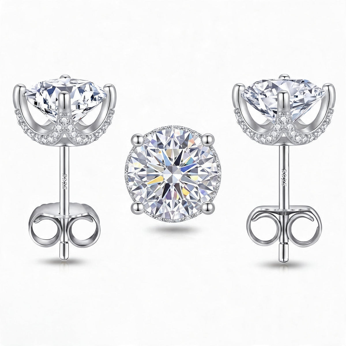 “Roma” Moissanite 1ct Crown Pavé Solitaire Stud Earrings